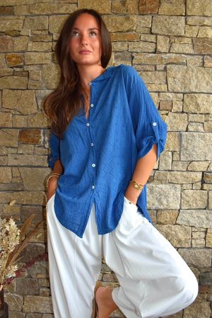 Pia Pillow Cotton Embroidered Tile Classic Shirt Cobalt
